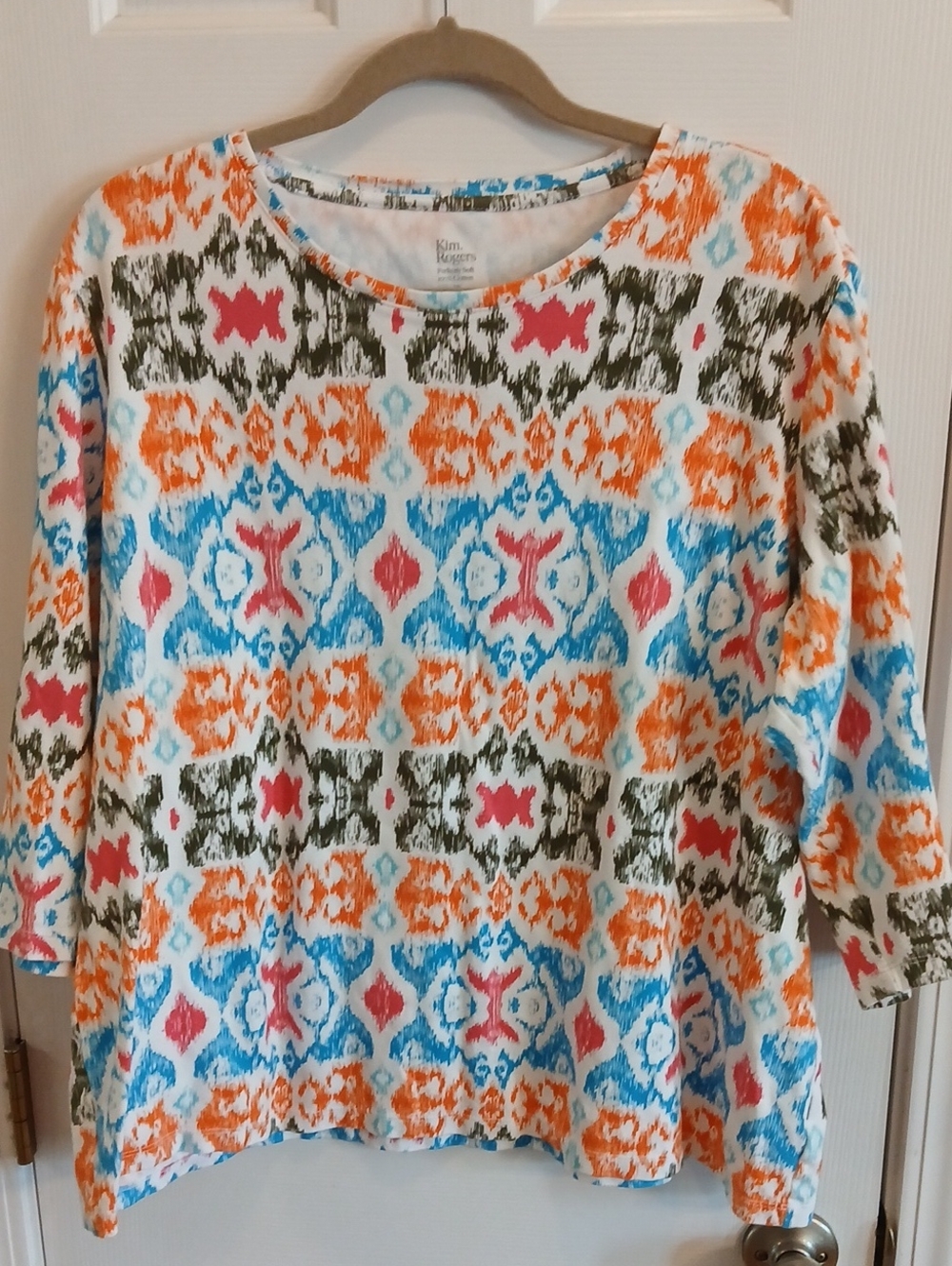 Kim Rogers Multicolor Ikat Print Women's Top - Orange/Blue/Green/Pink 3/4 Sleeve